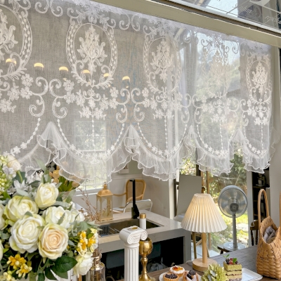 Embroidered Cafe Curtain, Cotton and Polyester Fabric, Baroque Medallions, Lace Ruffle and Beaded Border