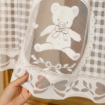 Teddy Bear Cafe Curtain, Openwork Jacquard Voile, Check Pattern and Floral Border