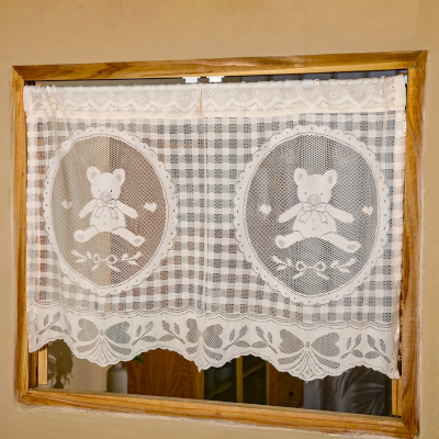 Teddy Bear Cafe Curtain, Openwork Jacquard Voile, Check Pattern and Floral Border