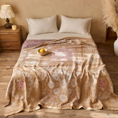 Couvre-lit JULIANA, Jacquard en Coton et Lin, Motif Floral Vintage, Utilisable comme Jeté de Canapé ou Plaid, 230 x 250 cm