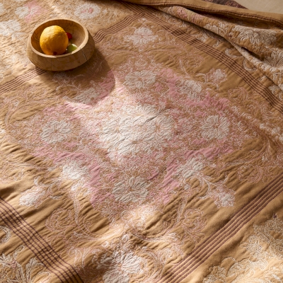 Couvre-lit JULIANA, Jacquard en Coton et Lin, Motif Floral Vintage, Utilisable comme Jeté de Canapé ou Plaid, 230 x 250 cm
