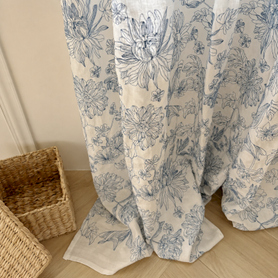 Rideau Sur Mesure LIRÉA, Tissu Lin Mélangé, Broderie Botanique Bleu Porcelaine