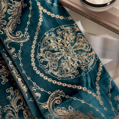 ARISTÉA Custom-Made Blackout Curtain, Velvet with Hot-Embossed Gold Decoration, Baroque Medallion and Scrollwork Pattern