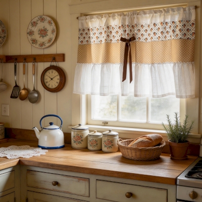 Cafe curtain in cotton-linen blend, vintage rose pattern, polka dot band and gauze ruffles