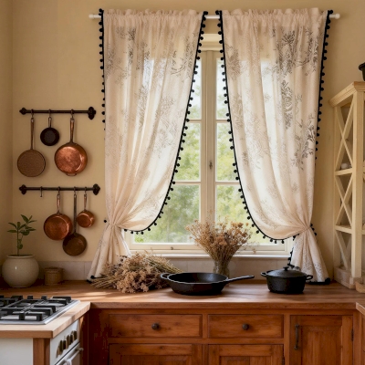 Voile cafe curtains in burnout fabric, Roses and Butterfly pattern, Black pom-pom trim
