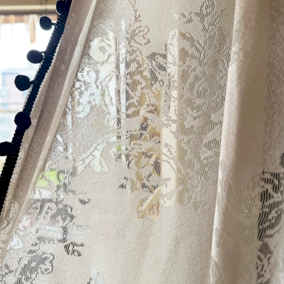 Voile cafe curtains in burnout fabric, Roses and Butterfly pattern, Black pom-pom trim