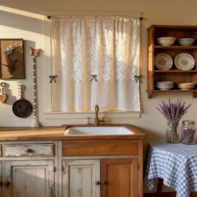 Cafe curtain in cotton-linen blend, floral lace and bows, country chic style