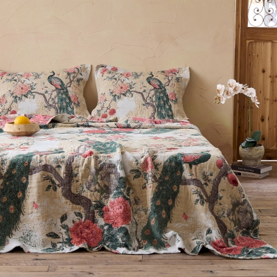 Couvre-lit Matelassé PAVONIA, Tissu Jacquard en Coton et Chanvre, Motif Paon et Fleurs d’Inspiration Orientale, 230 x 250 cm
