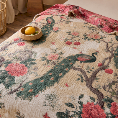 Couvre-lit Matelassé PAVONIA, Tissu Jacquard en Coton et Chanvre, Motif Paon et Fleurs d’Inspiration Orientale, 230 x 250 cm