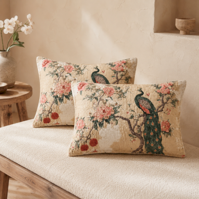 Lot de 2 Taies d’Oreiller PAVONIA, Jacquard Coton et Chanvre, Motif Paon Oriental, 52 x 76 cm