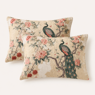 Lot de 2 Taies d’Oreiller PAVONIA, Jacquard Coton et Chanvre, Motif Paon Oriental, 52 x 76 cm
