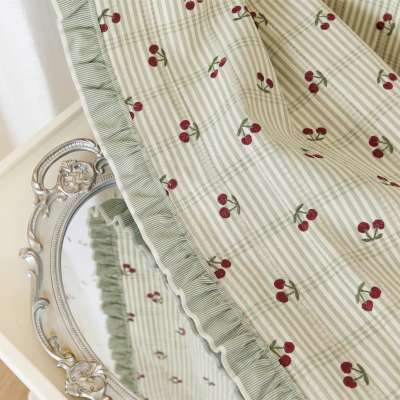 Custom-made children's curtain CERISELLE, textured jacquard fabric, cherry pattern on a striped and checkered background