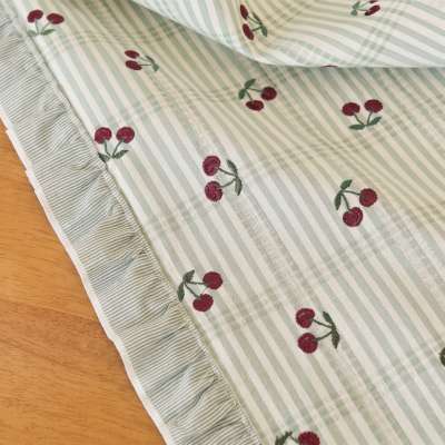 Custom-made children's curtain CERISELLE, textured jacquard fabric, cherry pattern on a striped and checkered background
