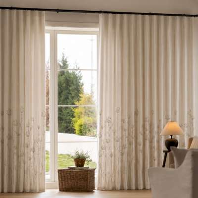 Custom-made LYSÉRA voile curtain, linen-look fabric, handcrafted botanical embroidery