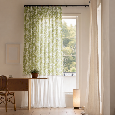 Voilage Sur Mesure OLIVÉA, Tissu Imprimé Floral Vert, Composition Bicolore