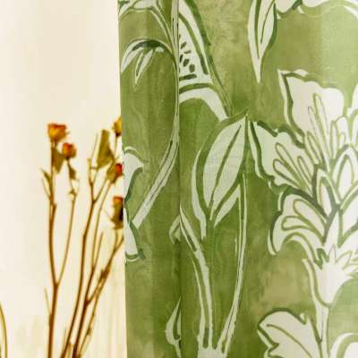 Voilage Sur Mesure OLIVÉA, Tissu Imprimé Floral Vert, Composition Bicolore
