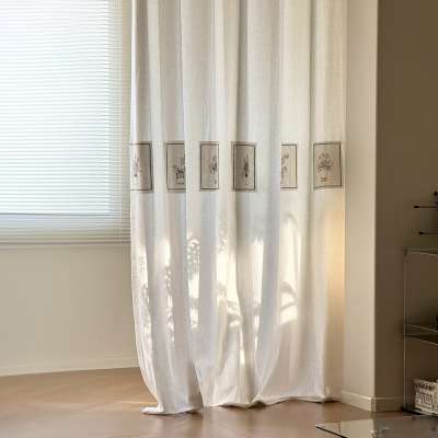 Voilage Sur Mesure NOLÉA, Tissu Aspect Lin, Broderie Motif Plantes en Pot