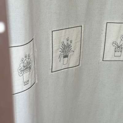 Voilage Sur Mesure NOLÉA, Tissu Aspect Lin, Broderie Motif Plantes en Pot