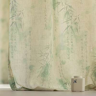 Voilage Sur Mesure ÉLYSANE, Tissu Aspect Lin, Motif Bambou et Calligraphie