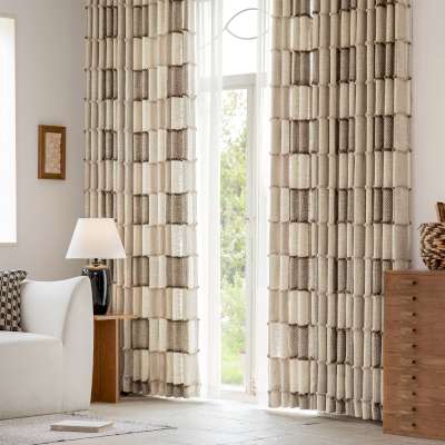 Rideau Tamisant Sur Mesure LUNÉRIA, Tissu Jacquard Texturé, Motif Carreaux Patchwork à Bordures en Fils Bouclés