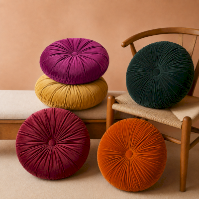 Coussin Rond Multifonction CÉLORA, Tissu Velours, Coussin de Chaise et de Sol, Garnissage Inclus