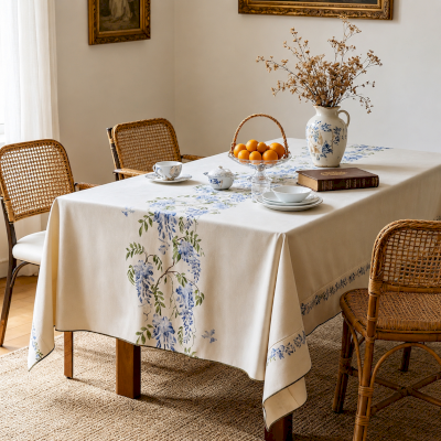 Nappe Rectangulaire GLYCÉRIA, Tissu Chenille, Motif Glycines Imprimées