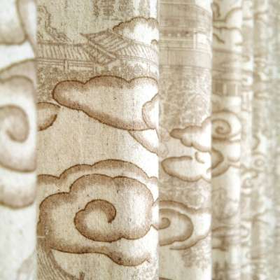 Custom Made CÉLAVIE Curtain, Wool Linen Blend Fabric with Oriental Cloud Landscape Pattern