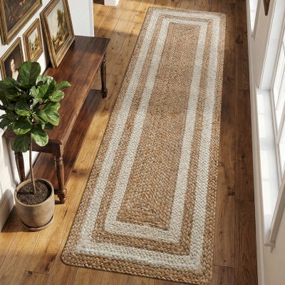 KIRA Handwoven Natural Jute Runner Rug, Geometric Border, Natural Style