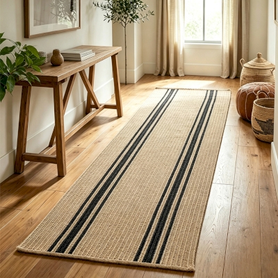 Tapis de Couloir Sur Mesure en Jute Naturel, Bande Noire Centrale