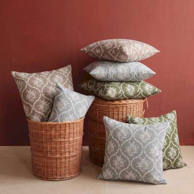 Coussin VIRELIA Personnalisable, Tissu Coton-Lin Mélangé Imprimé, Motif Fleuri en Treillis Losangé Vintage