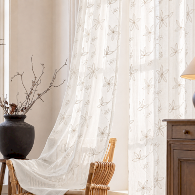 Custom-made ÉLAVINE voile curtain in linen blend, delicate floral embroidery