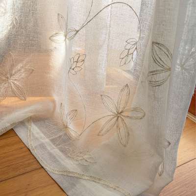 Custom-made ÉLAVINE voile curtain in linen blend, delicate floral embroidery
