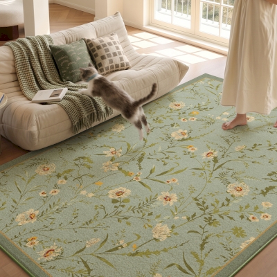 Washable Double Layer Floral Rug, Vintage Botanical Pattern