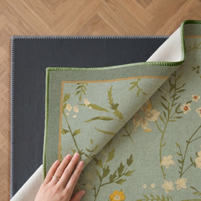 Washable Double Layer Floral Rug, Vintage Botanical Pattern