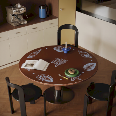 Round Faux Leather Table Protector with Shell and Coral Design, Waterproof and Easy to Clean