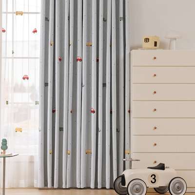 Rideau Occultant Sur Mesure LOUIS, Tissu Chenille, Rayures Fines et Motif Petites Voitures Enfantines