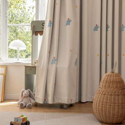 Rideau Enfant Occultant Sur Mesure ÉLÉPHIA, Tissu Chenille Brodé, Motif Éléphanteau Bleu Soufflant des Bulles