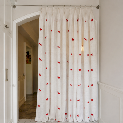 Custom-made children's voile curtain by PONÉLIA, linen blend fabric, embroidered with little red horses