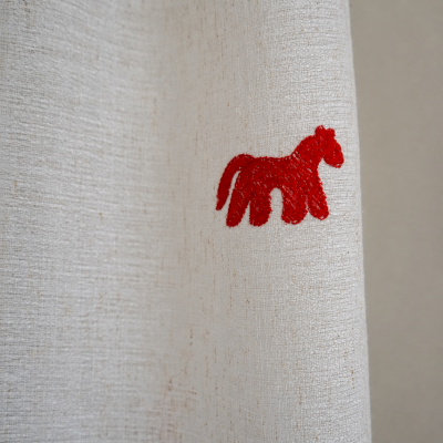 Custom-made children's voile curtain by PONÉLIA, linen blend fabric, embroidered with little red horses