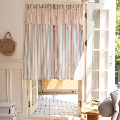 Cafe curtain in cotton blend, pastel stripes, gingham ruffle and tassels