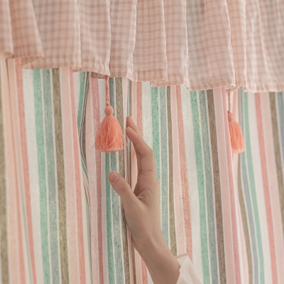 Cafe curtain in cotton blend, pastel stripes, gingham ruffle and tassels