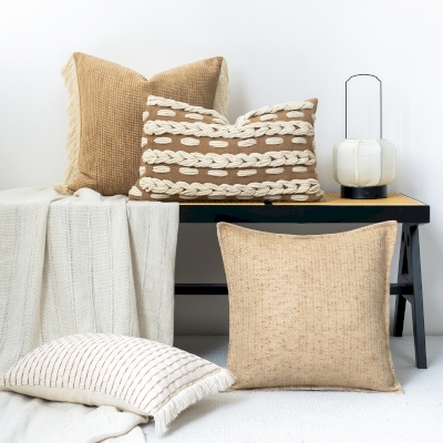 Selavia Cushion Cover, Jacquard Chenille Fabric, Embossed Braiding and Fringed Finish, Natural Style