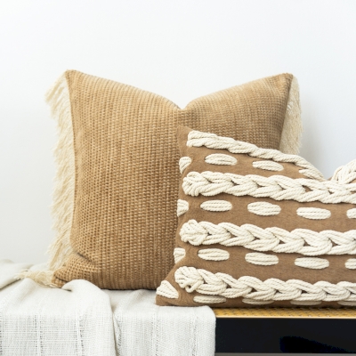 Selavia Cushion Cover, Jacquard Chenille Fabric, Embossed Braiding and Fringed Finish, Natural Style