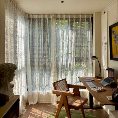 Custom-made FLORÉLIS voile curtain, sheer embroidered fabric, daisy and delicate flowering branches pattern