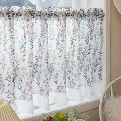 Custom Floral Sheer Cafe Curtain With Gathered Ruffle