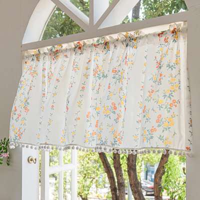 Custom Cafe Curtain, Country Floral Pattern With Mini Pom Poms