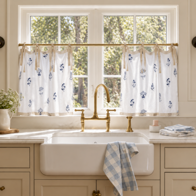 Rideau Brise-Bise Sur Mesure en Pur Coton à Broderies Florales