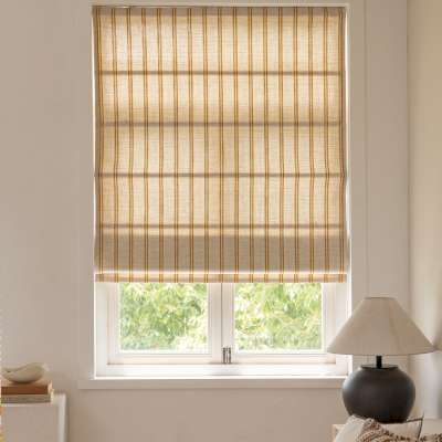 Store Bateau Sur Mesure SOLYNE, Tissu Jacquard Mélangé Coton et Polyester, Rayures Jaune Ocre d’Inspiration Bauhaus