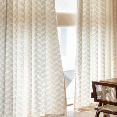 Custom Made VELARIA Sheer Curtain, Linen Blend Fabric with Cut Wavy Lines and Fringed Finish