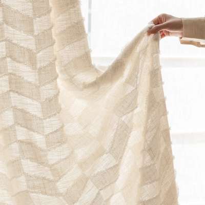 Custom Made VELARIA Sheer Curtain, Linen Blend Fabric with Cut Wavy Lines and Fringed Finish
